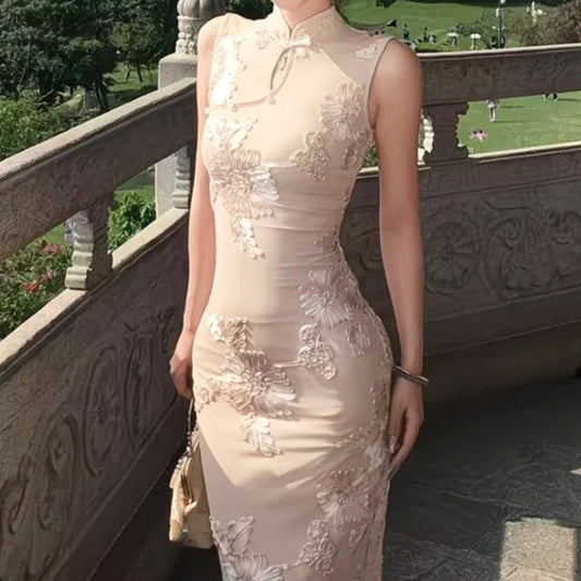 Lace Applique Sleeveless Qipao Dress